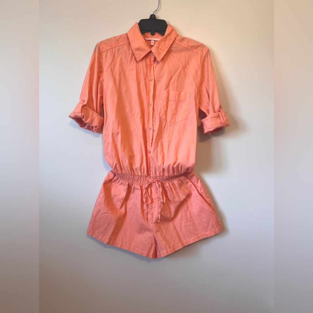 Victoria's Secret Linen Blend Roll Tab Sleeve Peach Coral Size 8 Romper